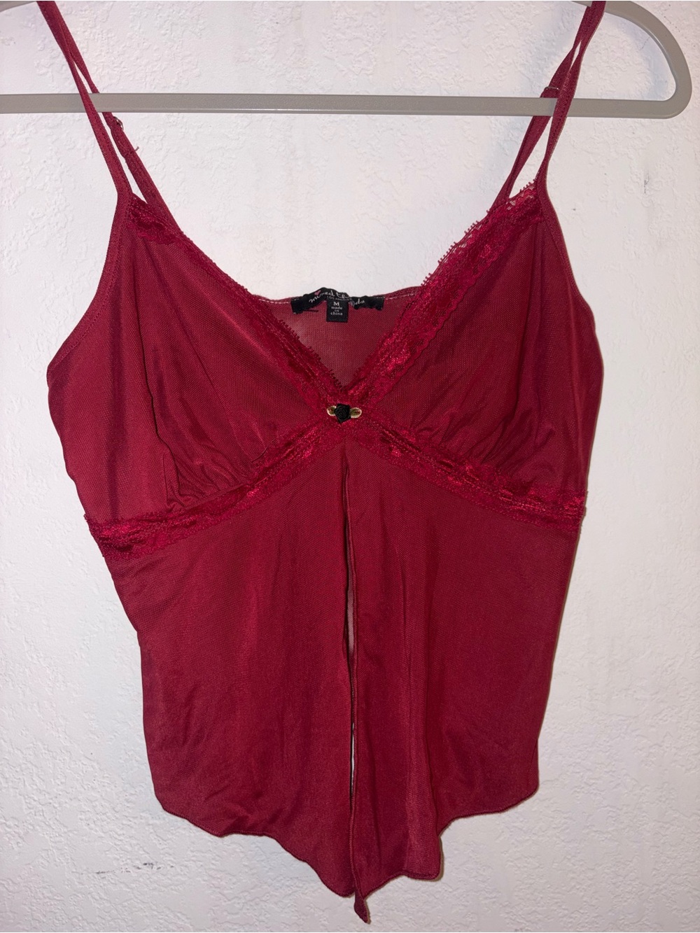 Lace-Trim Red Camisole Slip with Front Accent